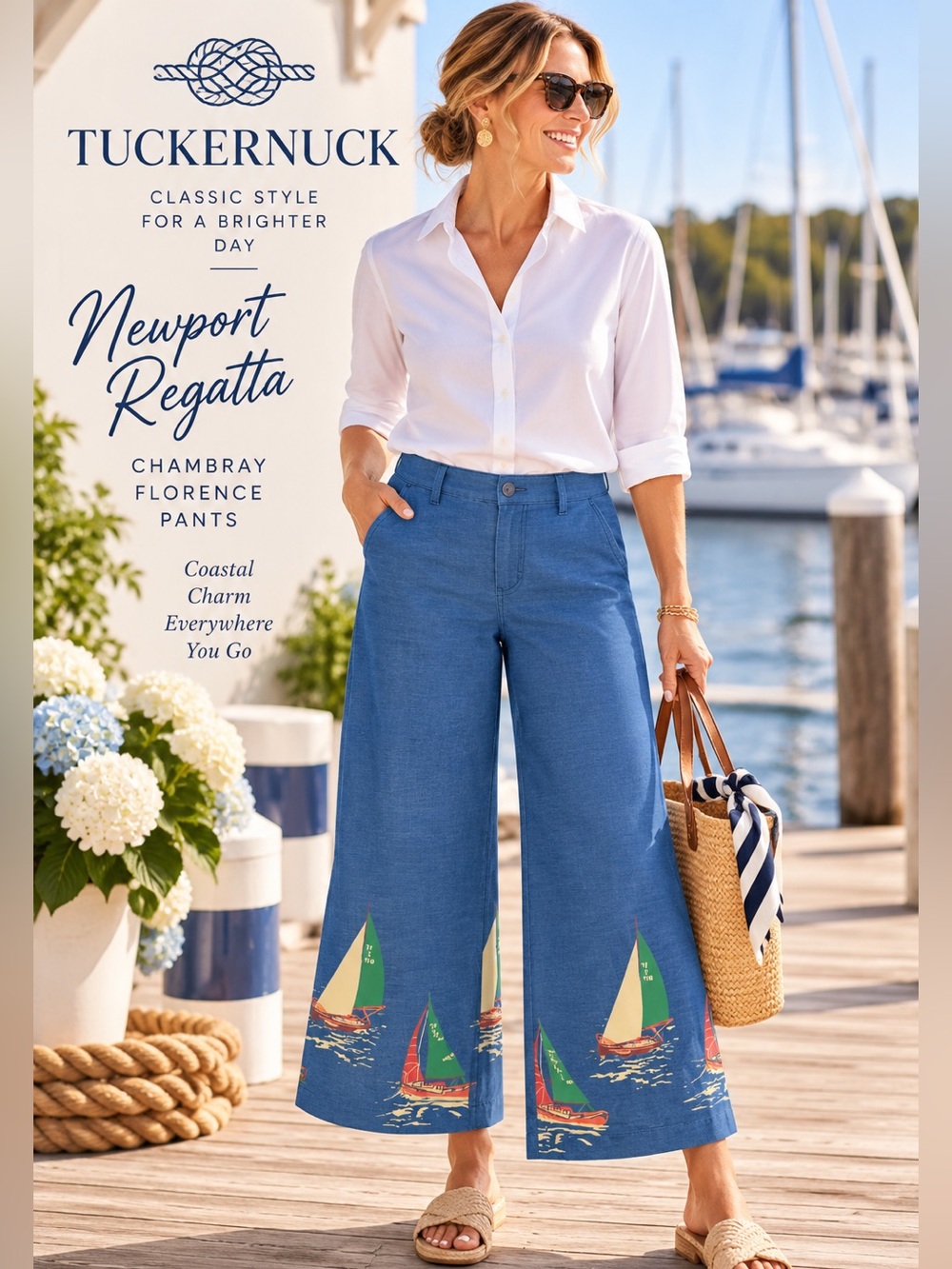 NWT, Tuckernuck Newport Regatta Chambray Florence Sailboat Wide Leg Pants Size S